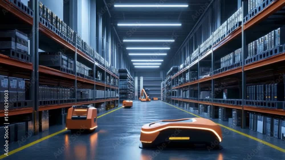 Poster warehouse automation: modern robots efficiently navigate through a high-tech warehouse, delivering a