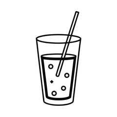Simple line art illustration of sparkling drink with straw in glass beverage