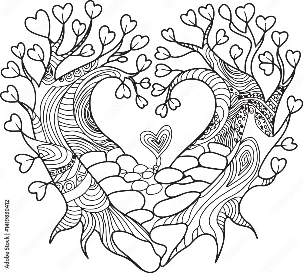 Aufkleber zentangle inspired tree heart design in black and white with curvy line art and intricate patterns i
