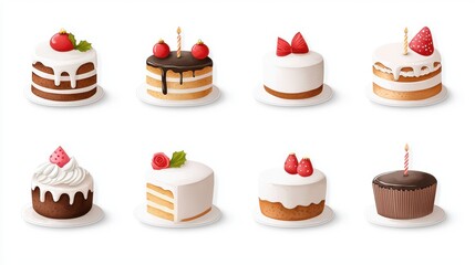 A delightful collection of eight miniature cakes and cupcakes perfect for birthdays celebrations or sweet treats featu chocolate strawberry and vanilla flavors with candles.
