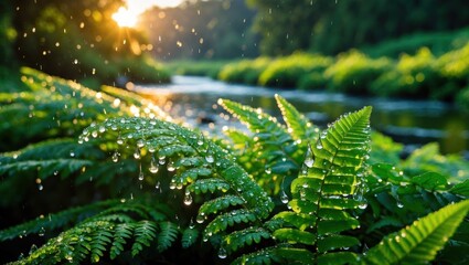 Fern Frond Displaying Raindrops in Lush Green Nature Scenery