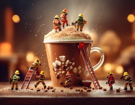 En un mundo fant&aacute;stico donde las delicias gigantes se encuentran con los peque&ntilde;os h&eacute;roes, un vaso colosal de Caf&eacute; se convierte en el escenario para bomberos en miniatura en una misi&oacute;n. 