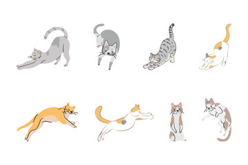 Feline Gymnastics: A delightful array of playful cats in various animated poses, showcasing flexibility and agility in a light, cartoon-style illustration.