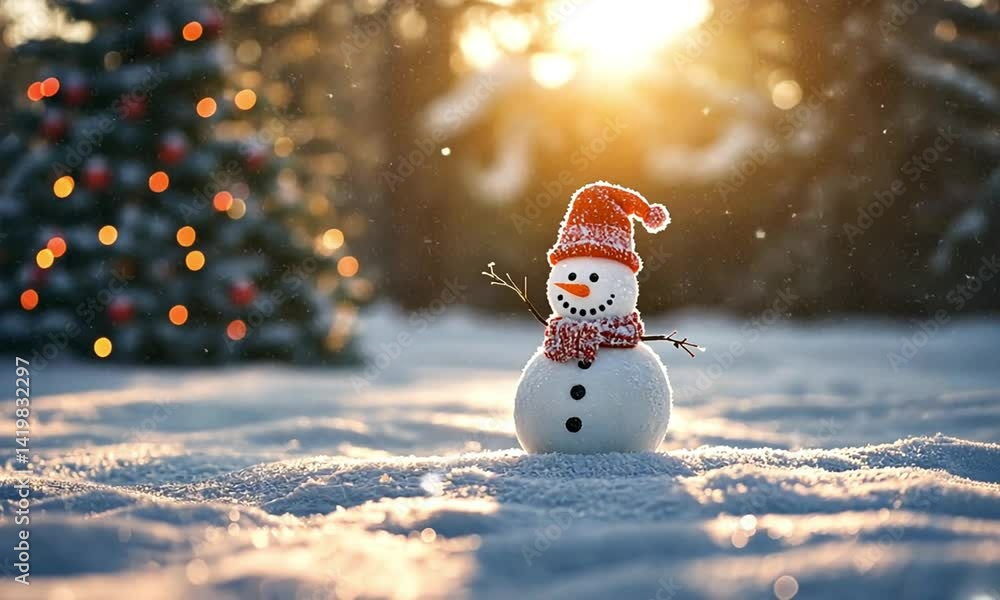 Poster charming animated winter scene with snowman and holiday tree made with generative ai technology