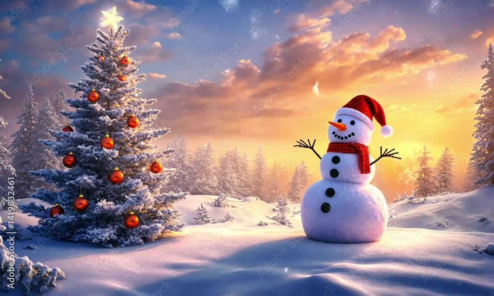 Poster snowman in snowy field with decorated christmas tree in winter scene made with generative ai technol