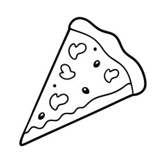 Monochrome pizza slice illustration featuring pepperoni and olives simple line art style on white background
