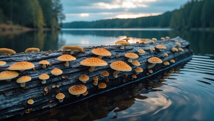 Mushrooms Growing on Log Floating in Calm Lake Water at Dusk