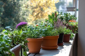 Fototapeta premium Colorful potted plants adorn a sunny balcony.