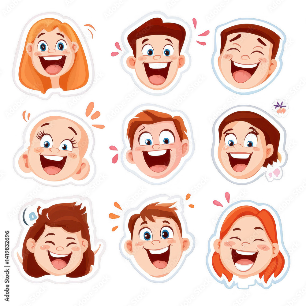 Poster a colorful collection of joyful cartoon faces, showcasing a variety of happy expressions. perfect fo