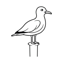 Obraz premium Minimalist vector illustration of a seagull perched on a post outlined in black and white nautical design