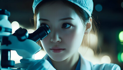 Concentrated female scientist peering intently through a microscope during nighttime lab research.  High-quality image depicting scientific discovery.