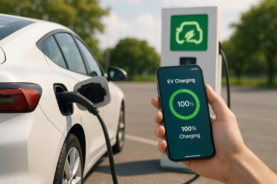 Electric car charging at station with smartphone app showing full charge status. Eco friendly transportation concept