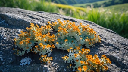 Lichen Growing on Rock Surface in Natural Meadow Environment