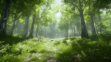 Obraz premium Lush Green Forest Path In Sunlight