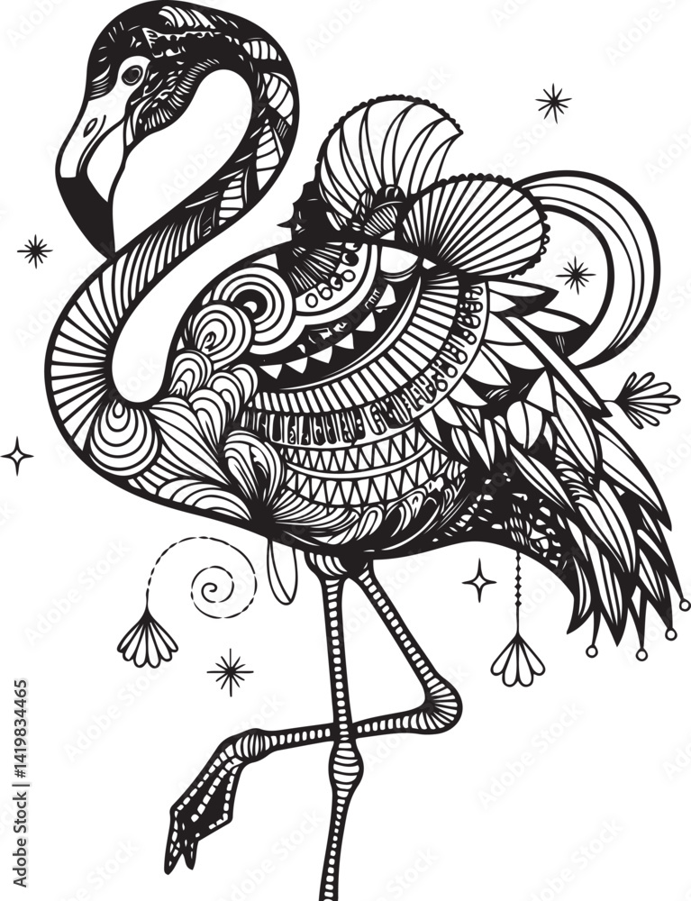 Poster elegant zentangle flamingo line art with black and white intricate patterns and delicate details ide