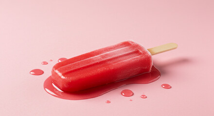 A melting red popsicle on a light pink background with small puddles of melted ice around it