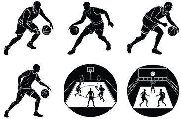 Sport vector illustration set shows silhouettes of football and basketball players in action during a game