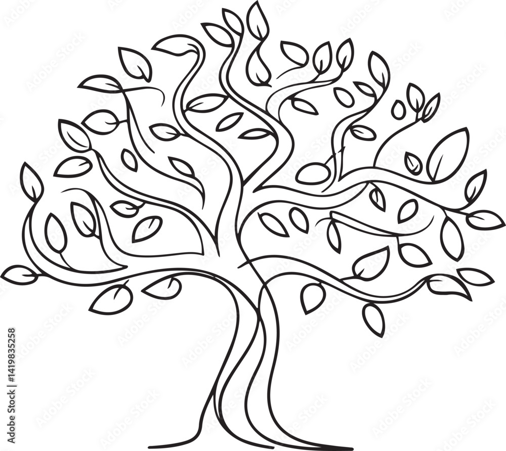 Poster elegant one-line tree drawing featuring abstract curved branches and layered foliage designed in a m