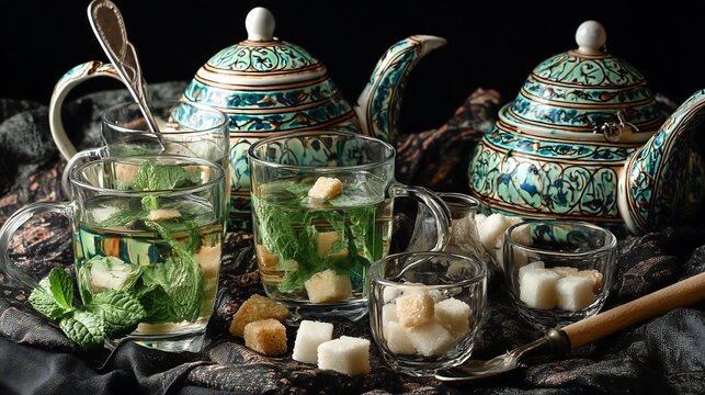 Spain hot drink t moruno mint green tea sugar cubes in decorated glasses and teapot Moroccan influence in Spanish cuisine traditional evening beverage in normal view on black ethnic cloth background