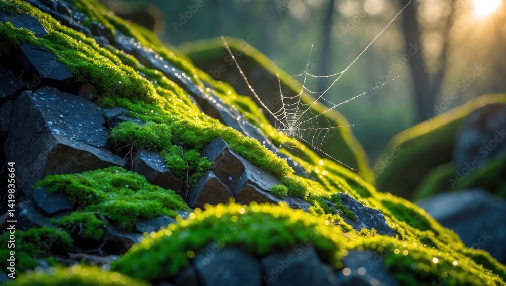 Poster mossy rocks and spiderweb in a forest setting with sunlight