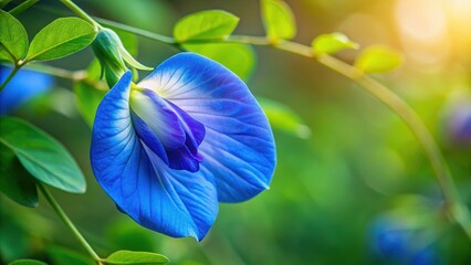 Delicate blue butterfly pea flower in focus with soft petals unfolding against a blurred background