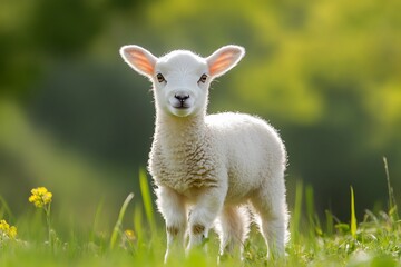 Fototapeta premium Young Lamb Standing In Lush Green Field Under Sunlight With Soft Focus Background