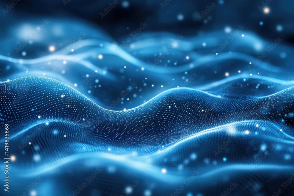 Poster abstract blue waves with glowing particles create a mesmerizing digital ocean effect