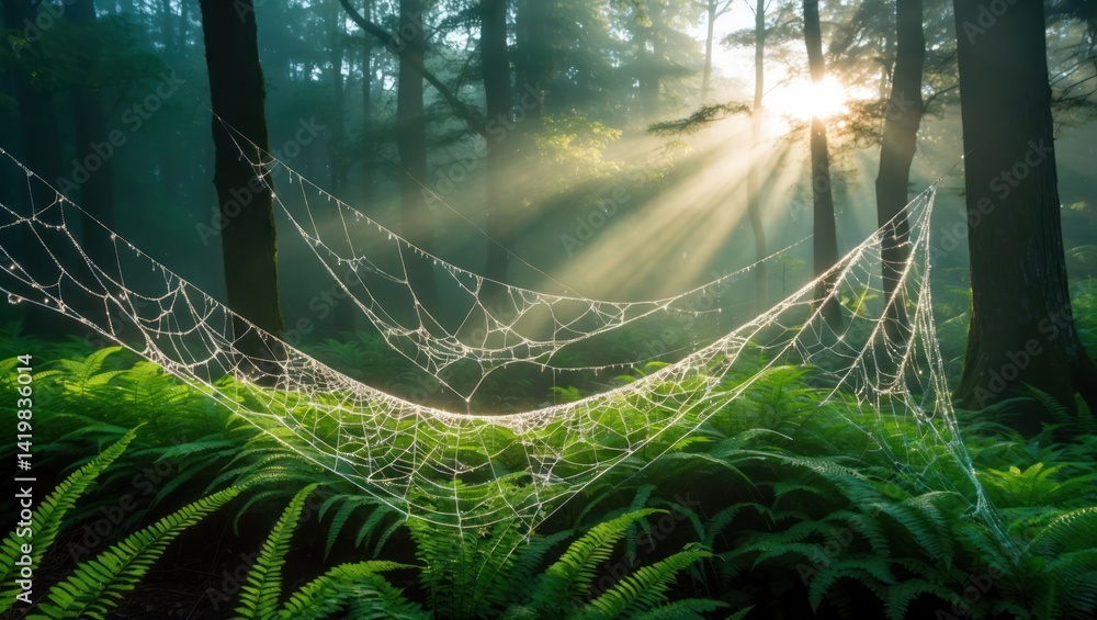 Poster spiderweb hanging in forest with sunlight shining through the trees