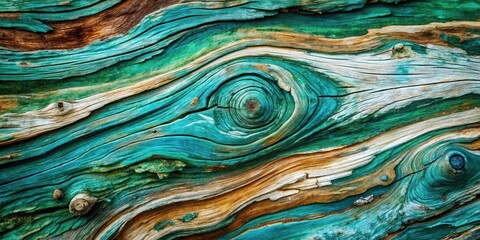 Distressed bark with vibrant blue-green hues and swirling white patterns, resembling a natural abstract art piece, tree bark