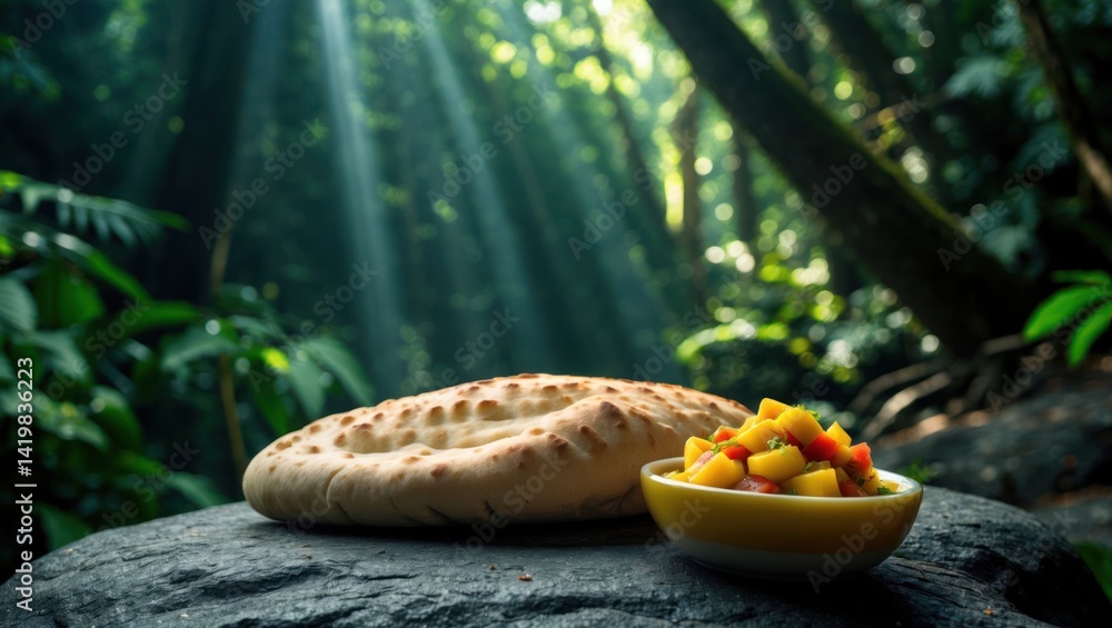 Poster flatbread and colorful salsa enjoyed on stone in lush forest