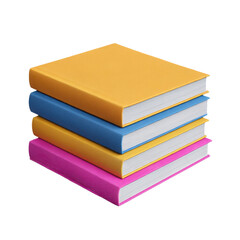 A stack of four colorful books with yellow blue and pink covers resting flat