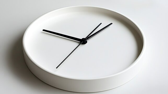A minimalist wall clock with a completely white face and thin black hands