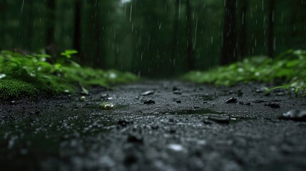 A rainy forest path.  Focus on a puddle of water collecting on the ground, amidst the dark, damp forest floor,  with rain falling heavily. Lush greenery, wet rocks and moss are visible