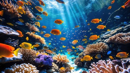 Swimming Fish Among Coral Reefs Undersea with Sun Rays Shining Through