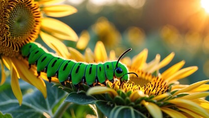 Green Caterpillar Crawling on Sunflower Head in Summer Garden Sunlight