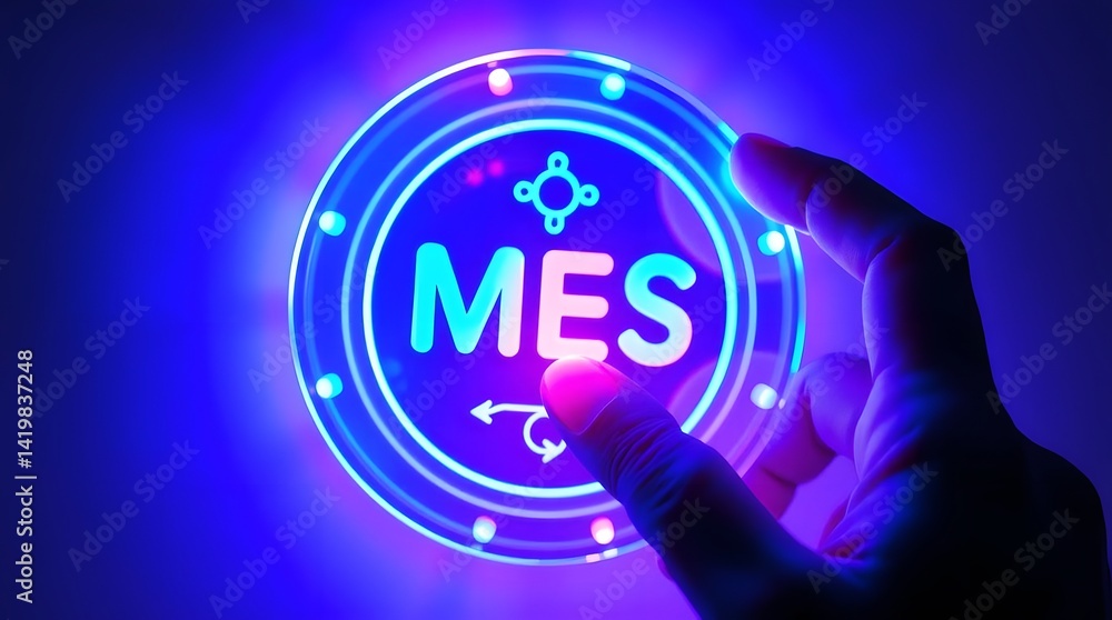 Poster mes - manufacturing execution system concept. ai integration, a person touch mes icon with symbols t