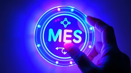 MES - Manufacturing Execution System Concept. AI Integration, A person touch MES icon with symbols to manufacturing, automation, industrial processes, technology in production management, AI powered, 