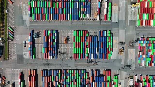 Directly above aerial view of a port container yard