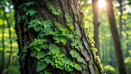 Obraz premium Green Plants Growing on Tree Trunk in Forest with Sunlight