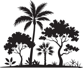 A collection of diverse black and white tree silhouettes with palm coniferous and deciduous species in a clean minimalist style for botanical art and backgrounds