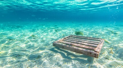Submerged Fishing Trap Resting on Sandy Ocean Floor in Clear Turquoise Water