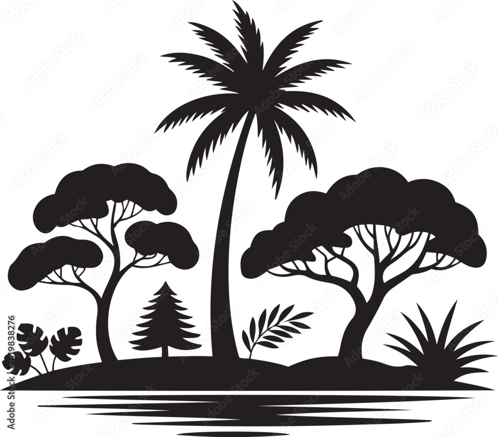 Poster stylized botanical illustrations in black and white showcasing a range of tree types in high contras