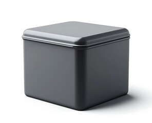 A small, square, gray metal tea tin with a lid, set against a white background