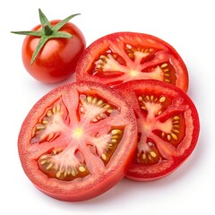 Fresh tomato slices on a white background showcasing a healthy, organic, and juicy vegetable for salads or diets
