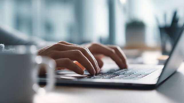 Close-up of hands typing on laptop keyboard, suggesting work, communication, or online activity.  Image conveys efficiency and digital interaction.