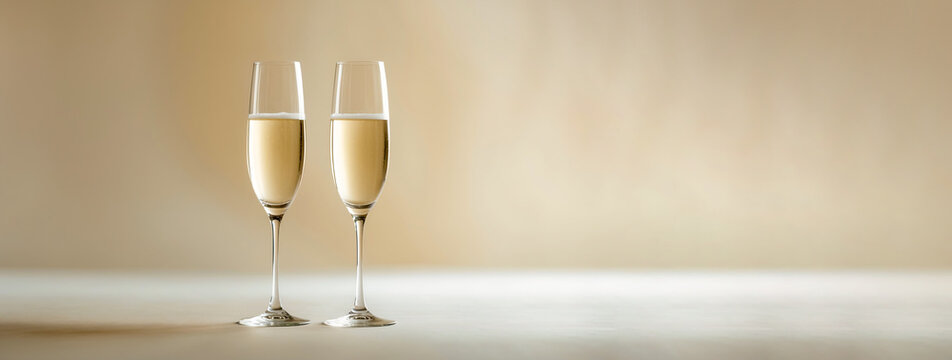 Elegant sparkling wine flutes filled with bubbly champagne against a minimal white backdrop, Close-up of two champagne glasses filled with golden liquid perfect for festive and romantic occasions