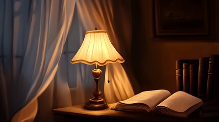 Warm lamplight on open book by window
