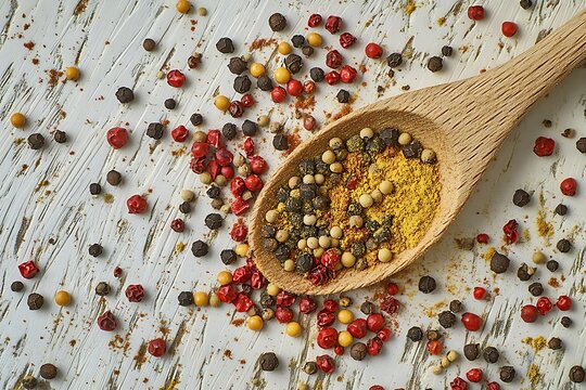 Wooden spoon colorful spices peppercorns