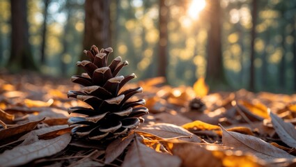 Fototapeta premium Pine Cone on Fallen Leaves in Forest with Golden Sunlight