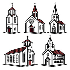 Fototapeta premium A vector set features church silhouettes and icons, showcasing religious architecture with towers, crosses, and domes, reminiscent of old European cathedrals and chapels in a sketch illustration style
